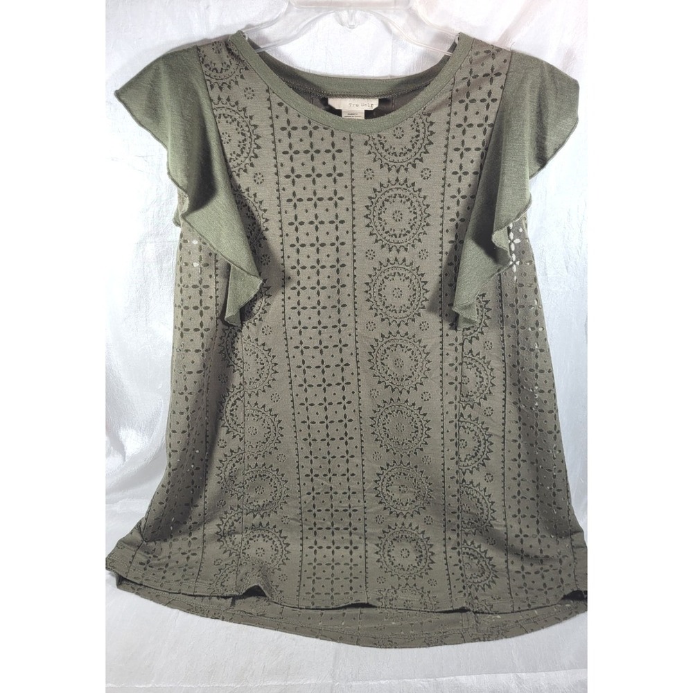 True Self Women's Rayon Blend Laser Cutout Olive Green Flutter Sleeve Top - S